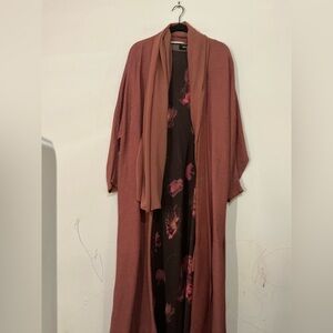 Long Open Front Duster Cardigan in Dusty Rose with Floral Lining